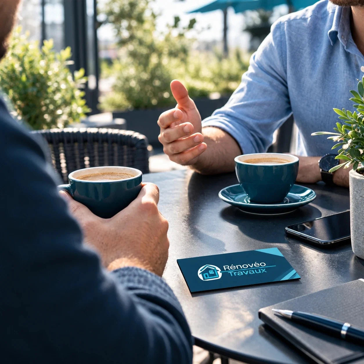 Échange autour d’un café avec une carte de visite Rénovéo Travaux