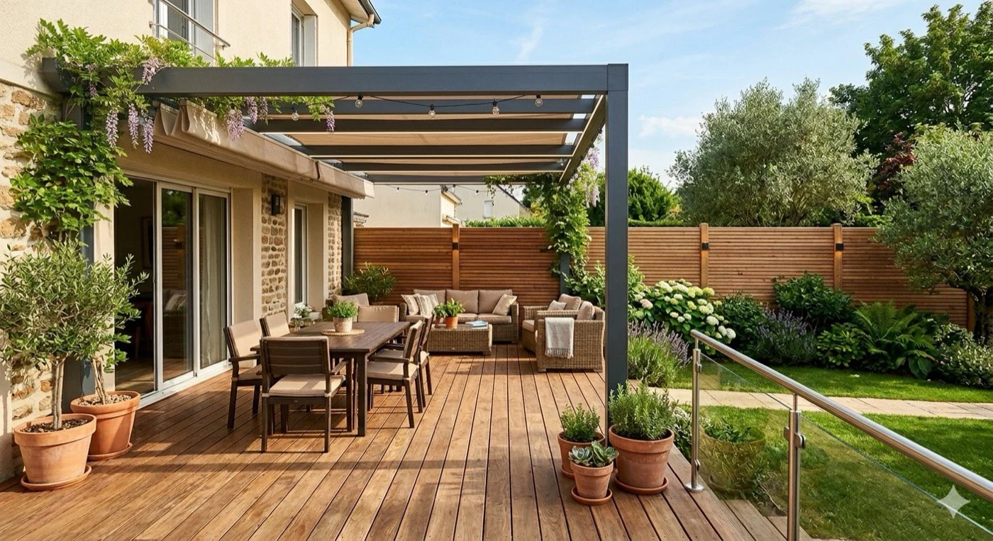 Terrasse bois sous pergola